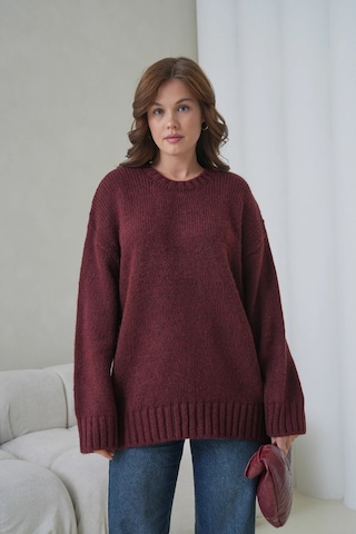 Kadın Bisiklet Yaka Yumuşak Dokulu Oversize Triko Kazak 3032 Bordo