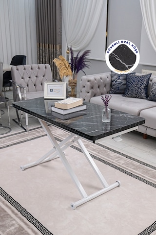 Home Üst Tabla Mdf Siyah Mermer Oval Köşe Alt Beyaz