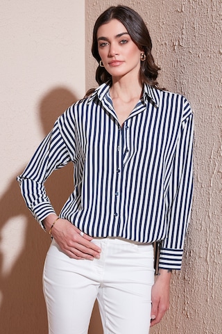Lela Standart Fit Klasik Yaka Çizgili Bayan Gömlek 6772894 Lacivert