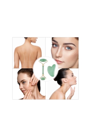 Gajeena Yeşil Jade Güzellik Aleti Seti: Kalp Şekilli Gövde/ Yüz Tırnak Ve İki Uçlu Rulman - Kas Gevşetici, Kuru Cilt Bakımı, Güzellik Masajı Yeşil