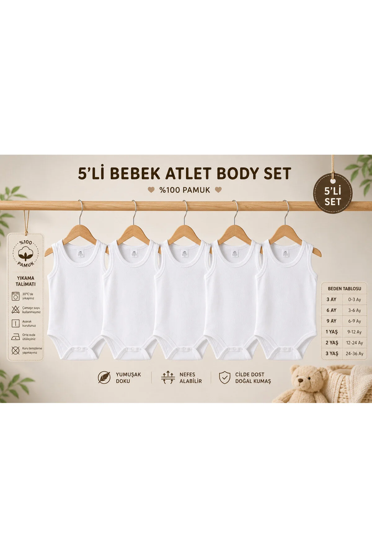 Mini Boncuk 5 Li %100 Pamuk Unisex Bebek Atlet Body Seti Beyaz