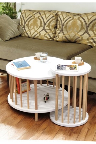 İkili Set Yuvarlak Orta Sehpa Ahşap Ayaklı Sehpa Iki Raflı Sehpa Dekoratif Sehpa Gazetelikli Beyaz - Beyaz