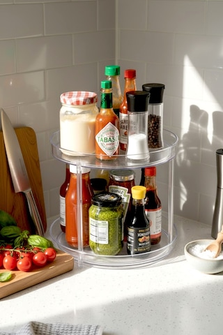 Şeffaf 2 Katlı 360 Döner Sunum Ve Düzenleme Standı Mutfak, Masa Ve Banyo Organizer Beyaz