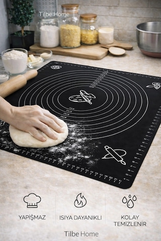 Tilbe Home Silikon Hamur Açma Yoğurma Matı Fırın Altlığı Ölçekli Mat Orta Boy Siyah 50x40cm