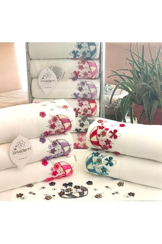 6.lı Set Annem 50x90 Cm. Özel Tafting Nakışlı Kadife Doku Çeyizlik Lüks Havlu Seti Beyaz Beyazşemsiye Beyaz