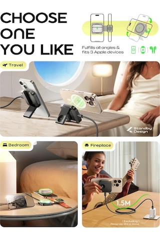 Reedark Magneetikli 2'li Kablosuz Şarj Aleti - İphone Uyumlu, Saat Ve Kulaklık İçin Taşınabilir Tutucu, 15w Hızlı Şarj, Dikey/yatay Konum, Siyah