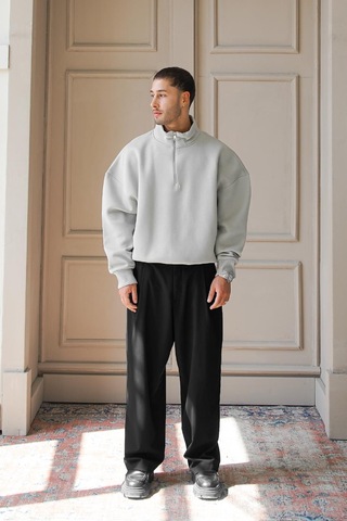 Gri Cozy Basic Yarım Fermuar Oversize Sweatshirt Gri
