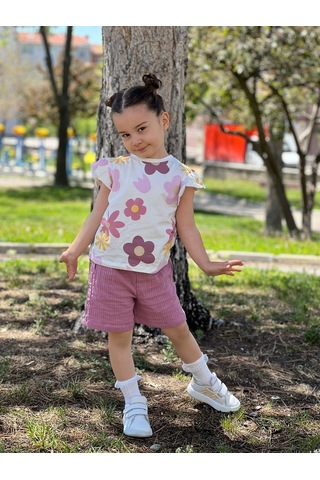 Kız Çocuk Çiçek Desenli Fırfırlı Tişört Ve Müslin Şort 2'li Takım Mor