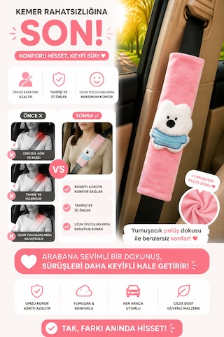 Ayıcık Pembe Emniyet Kemeri Aksesuarı - Emniyet Kemeri Kılıfı - Araç Emniyet Kemeri Omuz Koruyucu 1 Adet
