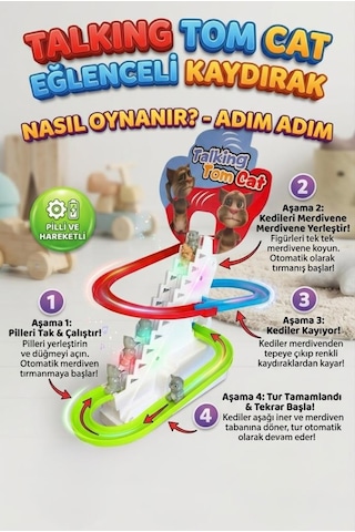 Konuşan Tom Kedi Işıklı Ve Sesli Eğlenceli Kedi Kaydırağı Motorlu Merdivenli 3 Figürlü Parkur Seti