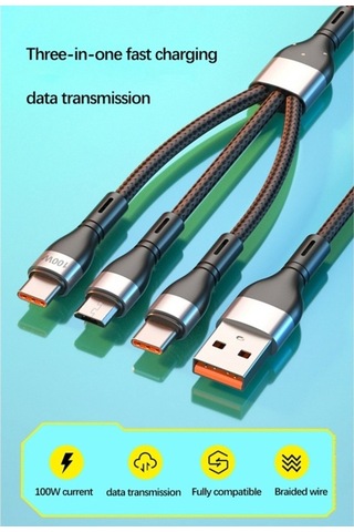 Prestigegoods İphone Uyumlu Android C Tipi 3'ü 1 Arada 100w Hızlı Şarj Usb Kablosu