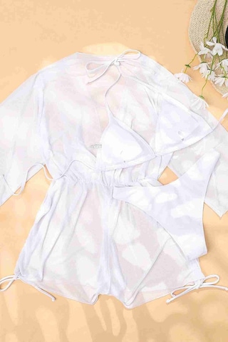 Angelsin Şifon Pareo Plaj Elbesi Cover Up Kimono Beyaz 001