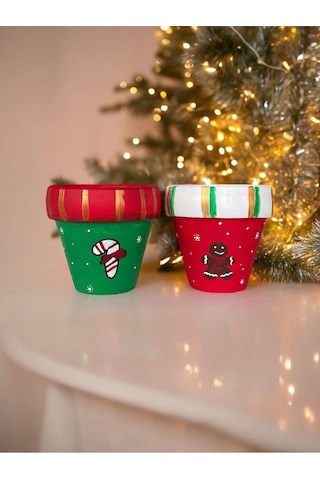 El Çizimi Yılbaşı Saksı Seti Kurabiye Ve Noel Şekerli Çok Renkli