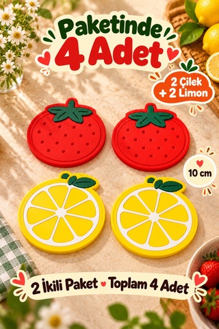 4'lü Çilek Limon Desenli Bardak Altlığı Seti 10 Cm Kahve Fincan Altlığı Renkli Sofra Sunum Aksesuarı Çok Renkli