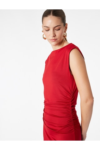 Koton Bisiklet Yaka Kolsuz Drape Detaylı Midi Boy Kalem Elbise Kırmızı 6sak80128ek