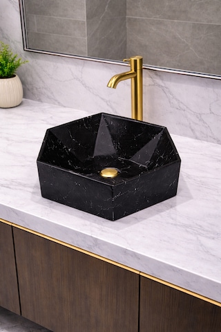 Mermer Desenli Tezgah Üstü Altıgen Taş Lavabo 45 X 16 Cm Siyah