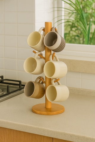 Bambu 6 Lı Bardak Askılığı Doğal Ve Şık Bambu Bardak Standı 15x35 Cm Bambu