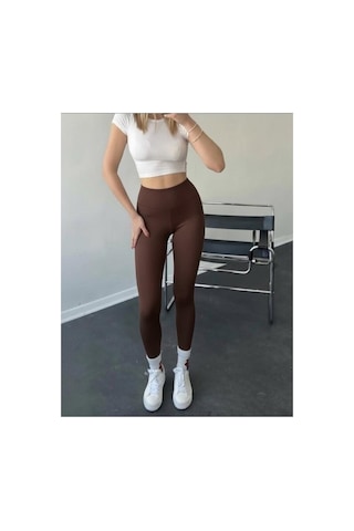 Mercan Kids & Butik Kadın Yüksek Bel Toparlayıcı Tayt Dikişsiz İç Göstermez Spor Taytı Kahverengi