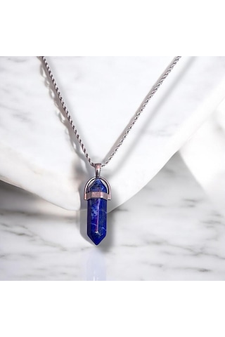Lapis Lazuli Uçlu Kristal Çelik Zincirli Doğal Taş Kolye
