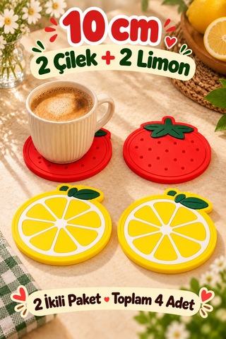 4'lü Çilek Limon Desenli Bardak Altlığı Seti 10 Cm Kahve Fincan Altlığı Renkli Sofra Sunum Aksesuarı Çok Renkli