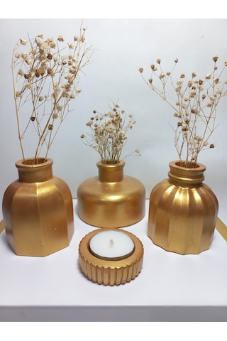 Modern Minimal Vazo Set 3'lü, Ev & Ofis Hediyelik, Dekoratif Obje, Gold