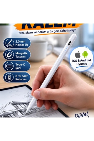 Dokunmatik Kalem Beyaz Şarjlı Hassas Uçlu İpad Android İos Uyumlu
