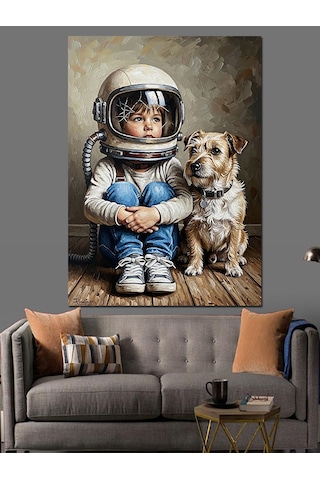Ahşap Tablo Astronot Çocuk Ve Köpek Dostu Hayvan Tabloları