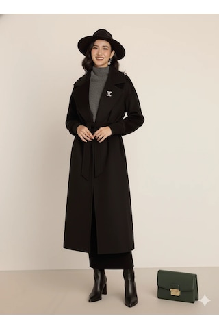 Kadın Siyah Kaşe Uzun Kaban Maksi Boy Palto Geniş Yakalı Düz Kesim Kışlık Siyah