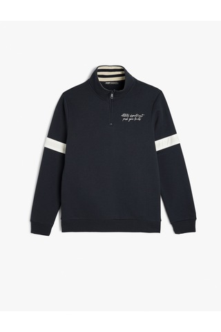 Koton Yarım Fermuarlı Yaka Sweatshirt Slogan İşlemeli Şardonlu Pamuk Karışımlı Lacivert 5wam70171mk
