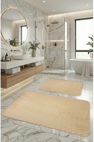 Söğüt Kaymaz Taban, Süper Emici 2'li Banyo Paspası Seti Camel 60x100 Cm 50x60 Cm Çok Renkli