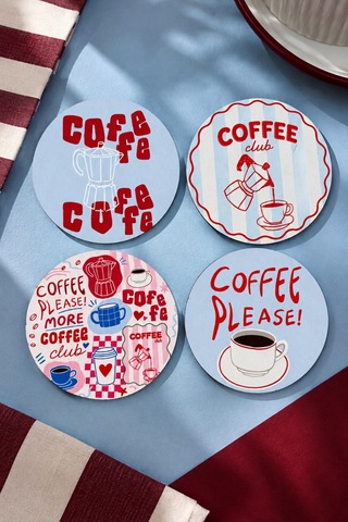 Coffee Please 4 Lü Bardak Altlığı Seti - 9 Cm, 3 Mm Mdf, Uv Baskı Çok Renkli