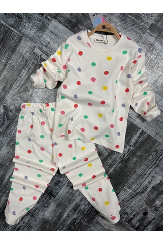 Koçak Kız Çocuk Pijama Takımı Renkli Puantiyeli Ekru