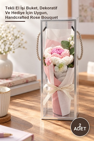 2 Adet El Örgüsü Gül Buketi Tekli El İşi Buket, Dekoratif Ve Hediye İçin Uygun, Handcrafted Rose Bouquet