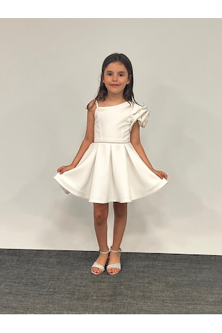 Kız Çocuk Abiye Krem Kısa Tek Omuz Gül Detaylı Krep Kumaş Abiye Elbise 5-10 Yaş Siyah