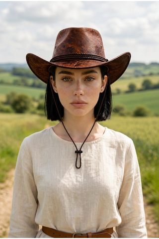 Gigi Luxe Vegan Deri Unisex Kovboy Şapkası Vintage Western Tarz Geniş Kenarlı Premium Kalite Taba Taba