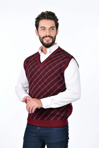 Kamalı Bordo Erkek Çelik Örgü Ekose Desenli Kalın Triko V Yaka Triko Örgü Tüylenmez Süveter Regular Bordo