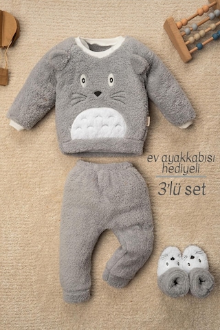 Mai Perla Totoro Nakışlı Welsoft Peluş 3'lü Bebek Takım Gri