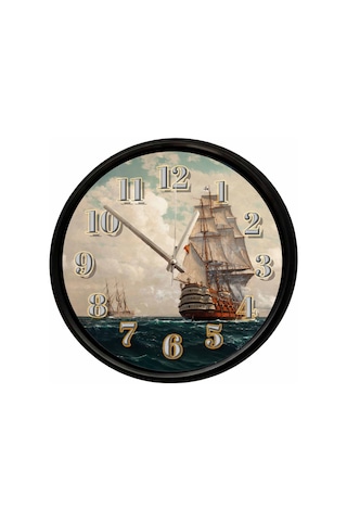 Nostaljik Yelkenli Savaş Gemisi Temalı Dekoratif Duvar Saati 28 Cm Sessiz Mekanizma Çok Renkli