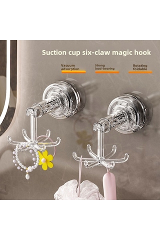 Reedark Banyo Sıçramalı Altı Ayar Rotatif Kanca - Delme Yok Duvar Takımı - Çok Amaçlı Aksesuar, Saç İpi Saklama Rafı Şeffaf Gri Diğer