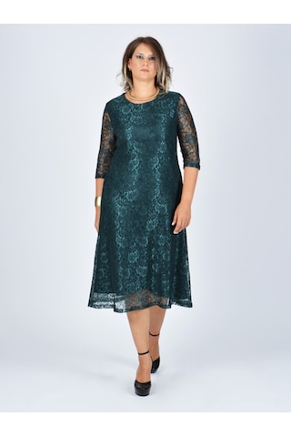 Nidya Moda Büyük Beden Sıfır Yaka Dantel Elbise-4036Y Çok Renkli