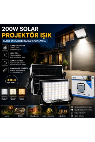 200w Güneş Enerjili Led Projektör - Kamp & Dış Mekan Aklby-bsva58