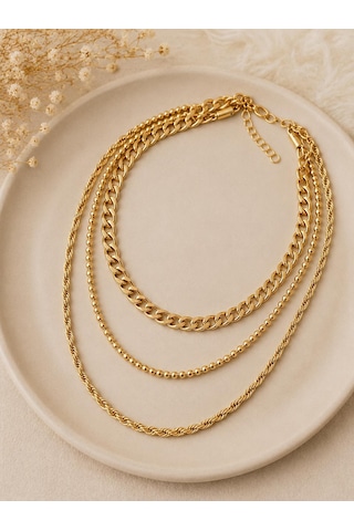 Premium Gold Renk Parlak Ve Şık 3'lü Katmanlı Zincir Kombin 316l Çelik Kadın Kolye 45cm Altin
