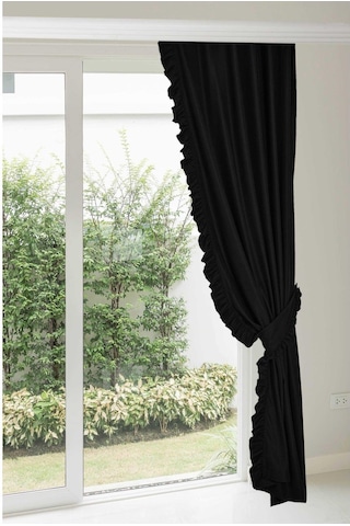 Fırfırlı Vintage Kadifemsi Dertsiz Pamuk Keten Perde En X Boy - Tek Kanat Siyah