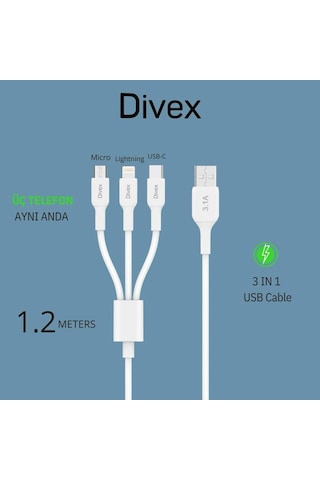 Divex 3.1a 3'ü Bir Arada Hızlı Şarj Data Kablosu Dc-113