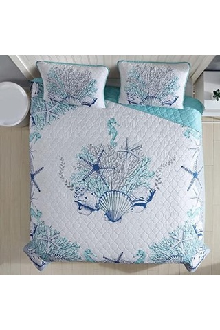 Caribbean Joe Coastal 3 Parça Yorgan Seti, King, Beach Delight Aqua 7/8 Yaş