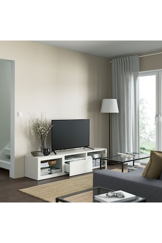 Tv Sehpası, Beyaz-şeffaf Cam, 180x42x39 Cm, Lappvıken/sındvık, Fren Raylı Beyaz