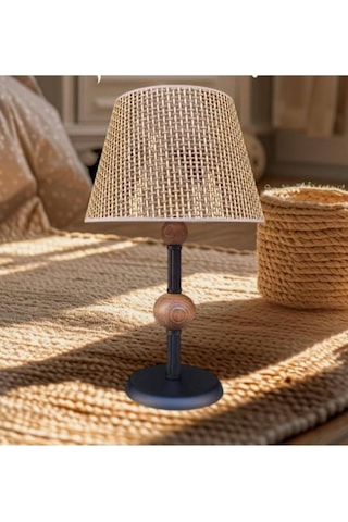 Çift Ahşaplı Abajur Siyah Rattan Kahve Rengi Şapkalı Siyah