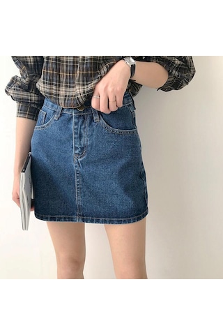 Koyu Mavi Yaz Retro Basit Yüksek Bel Kot Etek Kadın Evaze Elbise Moda Yarım Uzunlukta Rahat Kısa Kot Pantolon Etek Koyu Mavi