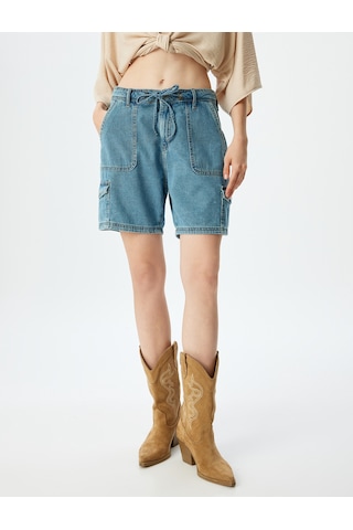 Koton Kot Şort Kargo Cepli Yüksek Bel Bağcık Detaylı Açık İndigo 4sal40058md Açık İndigo