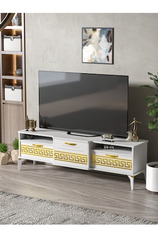 Tv Sehpası Tv Ünitesi Vera Atlantik Çam Antrasit Gold Çizgili 5050 Çok Renkli